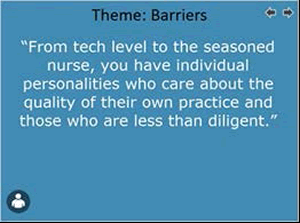 Theme: Barriers  "From tech level to the seasoned nurse, you have individual personalities who care about the quality of thier own practice and those who are less than diligent."