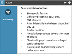 Case study introduction: 80-year-old female, difficulty breathing: SpO2 89 percent, BNP elevated, rales bilaterally in the bases about halfway up, fowler position, ambulation produces severe shortness of breath, chest radiograph reveals an enlarged cardiac shadow, diuresis and an indwelling urinary catheter ordered.