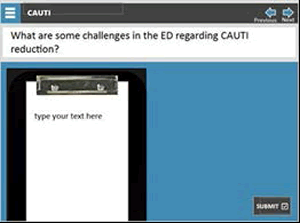 What are some challenges in the ED regarding CAUTI reduction? Type your text here.