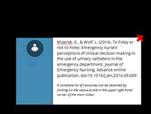 Mizerek E, Wolf L. To Foley or Not to Foley: Emergency Nurses' Perceptions of Clinical Decision Making in the Use of Urinary Catheters in the Emergency Department. Journal of Emergency Nursing. 2014.  A complete list of resources can be obtained by clicking on the resource tab in the upper right hand corner of the main slides.