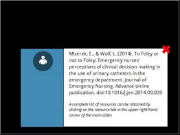 Mizerek E, & Wolf L. (2014) To Foley or not to Foley: Emergency nurses' perceptions of clinical decision making in the use of urinary catheters in the emergency department. Journal of Emergency Nursing. Advance online publication. 2014.  A complete list of resources can be obtained by clicking on the resource tab in the upper right hand corner of the main slides.