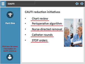 CAUTI reduction initiatives: Chart review, perioperative algorithm, nurse-directed removal, catheter rounds, STOP orders