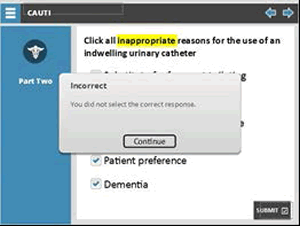 Click all inappropriate reasons for the use of an indwelling urinary catheter: substitute for frequent toileting, obesity, to obtain a specimen when the patient can void freely, patient preference, dementia  Box showing when an incorrect answer has been selected, and a "continue" button.