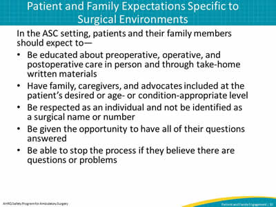 Patient and Family Expectations Specific to Surgical Environments