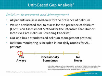 Delirium Assessment and Management: All patients are assessed daily for the presence of delirium. We use a validated tool to assess for the presence of delirium (Confusion Assessment Method for the ICU or Intensive Care Delirium Screening Checklist). Our unit has a standardized delirium management protocol. Delirium monitoring is included in our daily rounds for ALL patients. Image: Example of Likert scale used to record the frequency that an activity or procedure is performed.