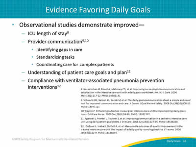 Observational studies demonstrate improved: ICU length of stay. Provider communication: Coordinating care for complex patients. Standardizing tasks. Identifying gaps in care. Understanding of patient care goals and plan. Compliance with ventilator-associated pneumonia prevention interventions.