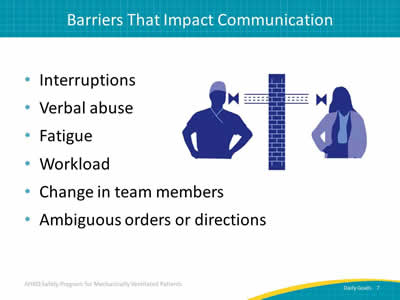 Interruptions. Verbal abuse. Fatigue. Workload. Change in team members. Ambiguous orders or directions. Image: Team members separated by barrier representing possible challenges to effective communication.