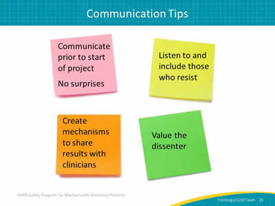 Image: Colored text boxes show communication tips: communicate prior to start, listen and include those who resist, create mechanisms to share results with clinicians, and value the dissenter.