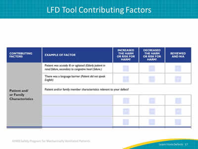 Image: Screen capture of LFD tool highlighting patient and/or family characteristics as contributing factors. The tool user provides relevant family member factors and checks boxes indicating whether each increased harm or risk of harm, decreased it, or was not applicable.