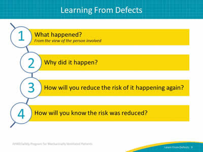 Image: Semi-circle shows the four questions that comprise the learning from defects process: What happened? From the view of the person involved. Why did it happen? How will you reduce the risk of it happening again? How will you know the risk was reduced?