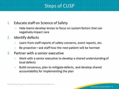 1. Educate staff on Science of Safety: Help teams develop lenses to focus on system factors that can negatively impact care. 2. Identify defects: Learn from staff reports of safety concerns, event reports, etc. Be proactive - ask staff how the next patient will be harmed. 3. Partner with a senior executive: Work with a senior executive to develop a shared understanding of local defects. Build consensus, plan to mitigate defects, and develop shared accountability for implementing the plan.