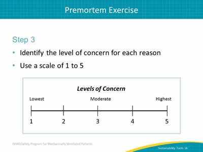 Step 3: Identify the level of concern for each reason. Use a scale of 1 to 5. Image: A line scale displays the level of concern. The scale runs from lowest to moderate to highest level of concern. The scale is numbered from 1 to 5.