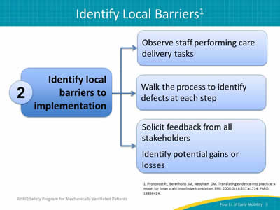Image: Graphic displaying steps to Identify Local Barriers: Observe staff performing care delivery tasks. Walk the process to identify defects at each step. Solicit feedback from all stakeholders. Identify potential gains or losses.