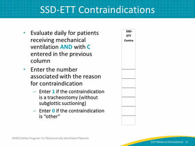Slide 11: evaluate daily for patients receiving mechanical ventilation and with C entered in the previous column. Enter the number associated with the reason for contraindication: enter 1 if the contraindication is a tracheostomy (without subglottic suctioning), enter 0 if the contraindication is "other."