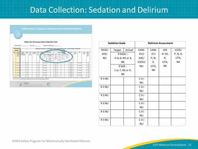 Slide 15: Image of the sedation scale and delirium assessment columns.