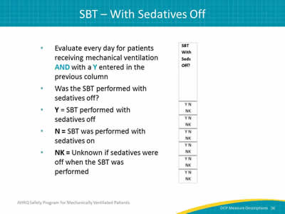Slide 36: Evaluate every day for patients receiving mechanical ventilation AND with a Y entered in the previous column. Was the SBT performed with sedatives off? Y equals SBT performed with sedatives off. N equals SBT was performed with sedatives on. NK equals Unknown if sedatives were off when the SBT was performed.