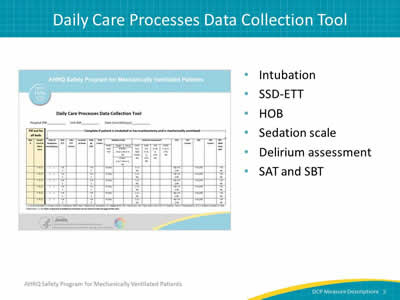 Slide 5: Intubation, SSD-ETT, HOB, sedation scale, delirium assessment, SAT and SBT