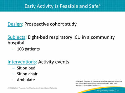 Design: Prospective cohort study. Subjects: Eight-bed respiratory ICU in a community hospital: 103 patients. Interventions: Activity events: Sit on bed. Sit on chair. Ambulate.