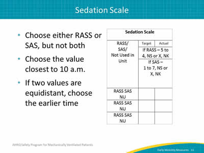 Image: Detail of the sedation scale columns. Choose either RASS or SAS, but not both. Choose the value closest to 10 a.m. If two values are equidistant, choose the earlier time.