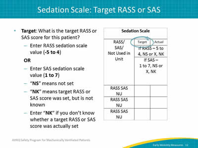 Image: Detail of the sedation scale columns, with 'target' column head circled. Target: What is the target RASS or SAS score for this patient? Enter RASS sedation scale value (-5 to 4). OR Enter SAS sedation scale value (1 to 7). NS means not set. NK means target RASS or SAS score was set, but is not known. Enter NK if you don’t know whether a target RASS or SAS score was actually set.