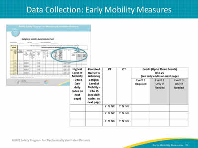 Images: The Daily Early Mobility Data Collection Tool. Detail of early mobility columns from the data collection tool.