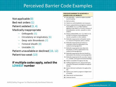 Image: Codes for perceived barriers to achieving a higher level of mobility. If multiple codes apply, select the LOWEST number.