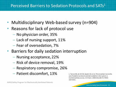 Multidisciplinary Web-based survey (n=904). Reasons for lack of protocol use: No physician order, 35%. Lack of nursing support, 11%. Fear of oversedation, 7%. Barriers for daily sedation interruption: Nursing acceptance, 22%. Risk of device removal, 19%. Respiratory compromise, 26%. Patient discomfort, 13%.