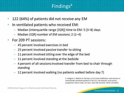 122 (64%) of patients did not receive any EM. In ventilated patients who received EM: Median (interquartile range [IQR]) time to EM: 5 (3-8) days. Median (IQR) number of EM sessions: 2 (1-4). For 209 PT sessions: 45 percent involved exercises in bed. 25 percent involved passive transfer to sitting. 11 percent involved sitting over the edge of the bed. 11 percent involved standing at the bedside. 4 percent of all sessions involved transfer from bed to chair through standing. 12 percent involved walking (no patients walked before day 7).