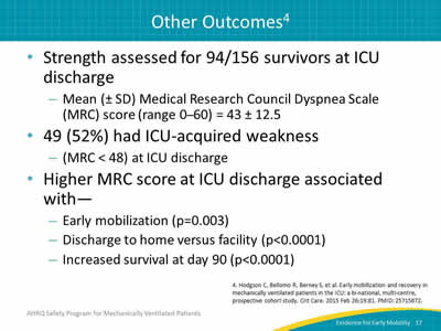 Strength assessed for 94/156 survivors at ICU discharge: Mean (plus / minus SD) Medical Research Council Dyspnea Scale (MRC) score (range 0-60) = 43 plus / minus 12.5. 49 (52%) had ICU-acquired weakness: (MRC less than 48) at ICU discharge. Higher MRC score at ICU discharge associated with -- Early mobilization (p=0.003). Discharge to home versus facility (p less than 0.0001). Increased survival at day 90 (p less than 0.0001).