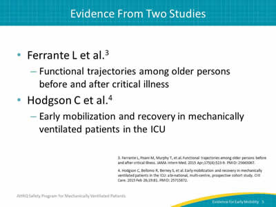 Ferrante L, et al. Functional trajectories among older persons before and after critical illness. Hodgson C, et al. Early mobilization and recovery in mechanically ventilated patients in the ICU.