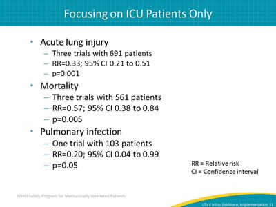 Acute lung injury: Three trials with 691 patients. RR = 0.33; 95% CI 0.21 to 0.51. p = 0.001. Mortality: Three trials with 561 patients. RR = 0.57; 95% CI 0.38 to 0.84. p = 0.005. Pulmonary infection: One trial with 103 patients. RR = 0.20; 95% CI 0.04 to 0.99. p = 0.05. RR = Relative risk. CI = Confidence interval.