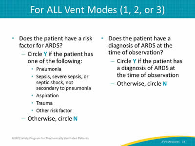 Does the patient have a risk factor for ARDS? Circle Y if the patient has one of the following: Pneumonia. Sepsis, severe sepsis, or septic shock, not secondary to pneumonia. Aspiration. Trauma. Other risk factor. Otherwise, circle N.  Does the patient have a diagnosis of ARDS at the time of observation? Circle Y if the patient has a diagnosis of ARDS at the time of observation. Otherwise, circle N.