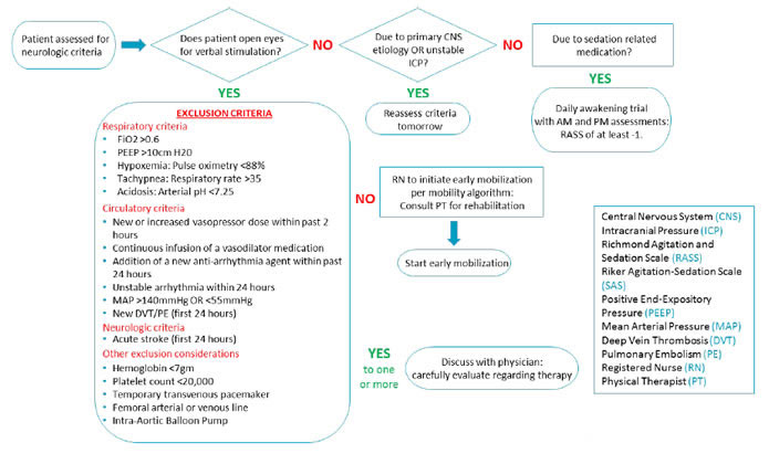 This is a picture of a flowchart showing a screening algorithm for patient participation in early mobility. The flowchart asks if the patient opens eyes for verbal stimulation and provides further guidance based on whether the answer is yes or no.