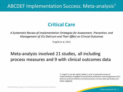 Critical Care: A Systematic Review of Implementation Strategies for Assessment, Prevention, and Management of ICU Delirium and Their Effect on Clinical Outcomes. Trogrlić et al. 2015. Meta-analysis involved 21 studies, all including process measures and 9 with clinical outcomes data.