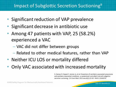Significant reduction of VAP prevalence. Significant decrease in antibiotic use. Among 47 patients with VAP, 25 (58.2%) experienced a VAC: VAC did not differ between groups. Related to other medical features, rather than VAP. Neither ICU LOS or mortality differed. Only VAC associated with increased mortality. 
