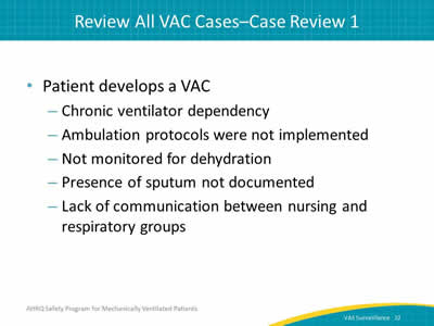 Patient develops a VAC: Chronic ventilator dependency. Ambulation protocols were not implemented. Not monitored for dehydration. Presence of sputum not documented. Lack of communication between nursing and respiratory groups.