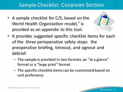 Sample Checklist: Cesarean Section