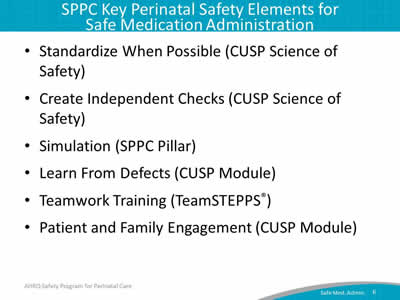 Key Perinatal Safety Elements for Safe Medication Administration.