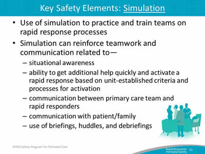 Use of simulation to practice and train teams on rapid response processes. Simulation can reinforce teamwork and communication.