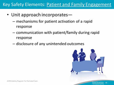 Unit approach incorporates: Mechanisms for patient activation of a rapid response. Communication with patient/family during rapid response. Disclosure of any unintended outcomes.