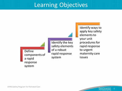 Image: Three ascending steps show the learning objectives: Define components of a rapid response system. Identify the key safety elements of a robust rapid response system. Identify ways to apply key safety elements to your unit procedures for rapid response to urgent maternity care.
