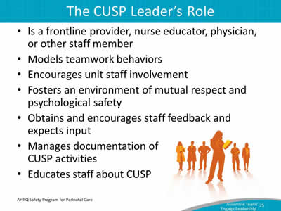 Is a frontline provider, nurse educator, physician, or other staff member. Models teamwork behaviors. Encourages unit staff involvement. Fosters an environment of mutual respect and psychological safety. Obtains and encourages staff feedback and expects input. Manages documentation of CUSP activities. Educates staff about CUSP.