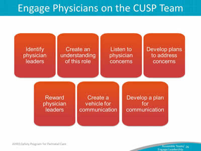 Image: Identify physician leaders, create a forum for this role, listen to physician concerns, develop plans to address concerns, reward physician leaders, create a vehicle for communication, develop a plan for communications.