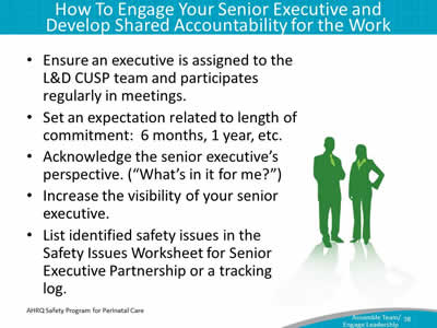 Ensure an executive is assigned to the L&D CUSP team and participates regularly in meetings. Set an expectation related to length of commitment: 6 months, 1 year, etc. Acknowledge the senior executive's perspective. ("What's in it for me?") Increase the visibility of your senior executive. List identified safety issues in the Safety Issues Worksheet for Senior Executive Partnership or a tracking log.