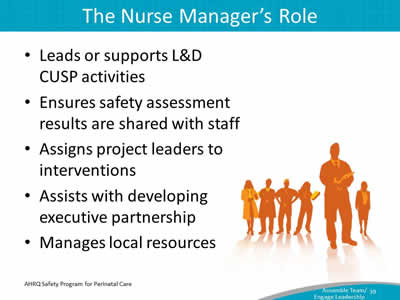 Leads or supports L&D CUSP activities. Ensures safety assessment results are shared with staff. Assigns project leaders to interventions. Assists with developing executive partnership. Manages local resources.