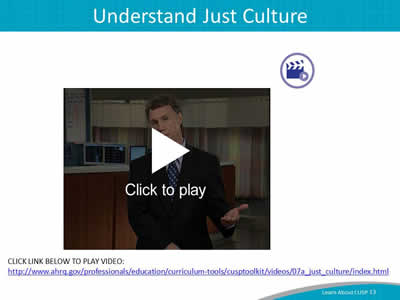 Image: Video icon and Opening shot of Just Culture video with the words "Click to play".