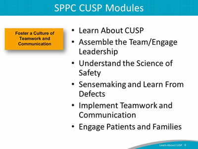 Learn About CUSP. Assemble the Team/Engage Leadership. Understand the Science of Safety. Sensemaking and Learn From Defects. Implement Teamwork and Communication. Engage Patients and Families.