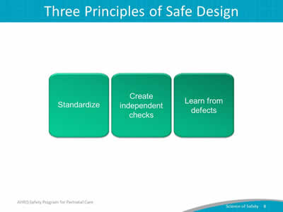 Image: Three principles of safe design include: standardize, create independent checks, learn from defects.