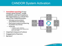 Image: The CANDOR Process described on Slide 13 is shown again, with 'CANDOR System Activation' highlighted. Immediate reporting of near misses, good catches, unsafe conditions and harm events to the organization is a critical first step in the CANDOR process: Activates communication consultation and coaching. Starts event analysis and planning to prevent recurrences. Holds bills. In Malizzo case, critical to understanding system failures that led to her death. Important measure of culture. Engagement of learners Barriers? 
