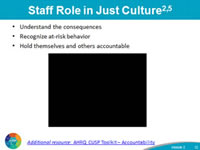 Staff Role in Just Culture: Understand the consequences Recognize at-risk behavior Hold themselves and others accountable. Image of Video clip. Additional resource: AHRQ CUSP Toolkit – Accountability.